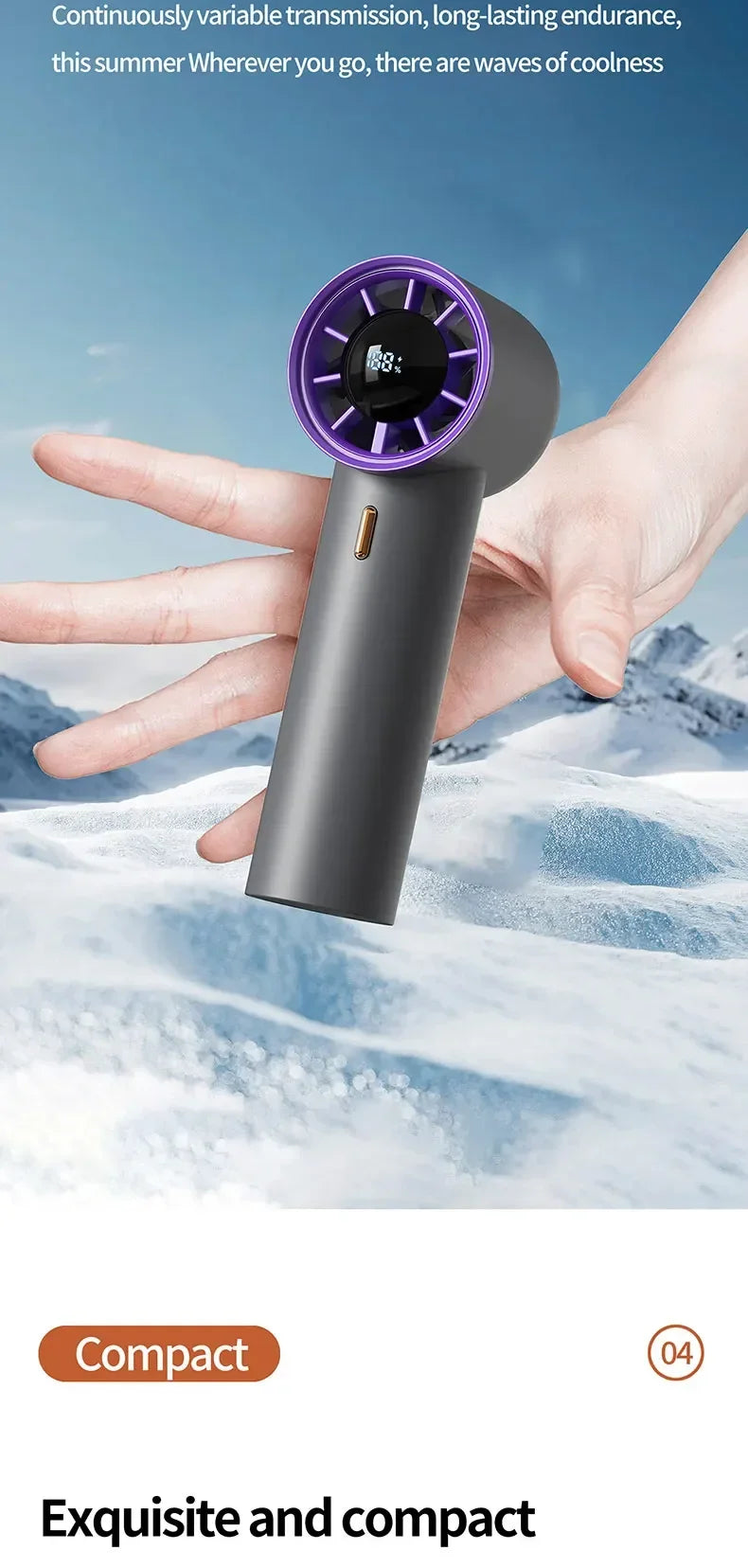 100-Speed Handheld Fan - 2000mAh USB Rechargeable Mini Fan w/ Digital Display, Portable Cooling for Outdoor, Office & Travel