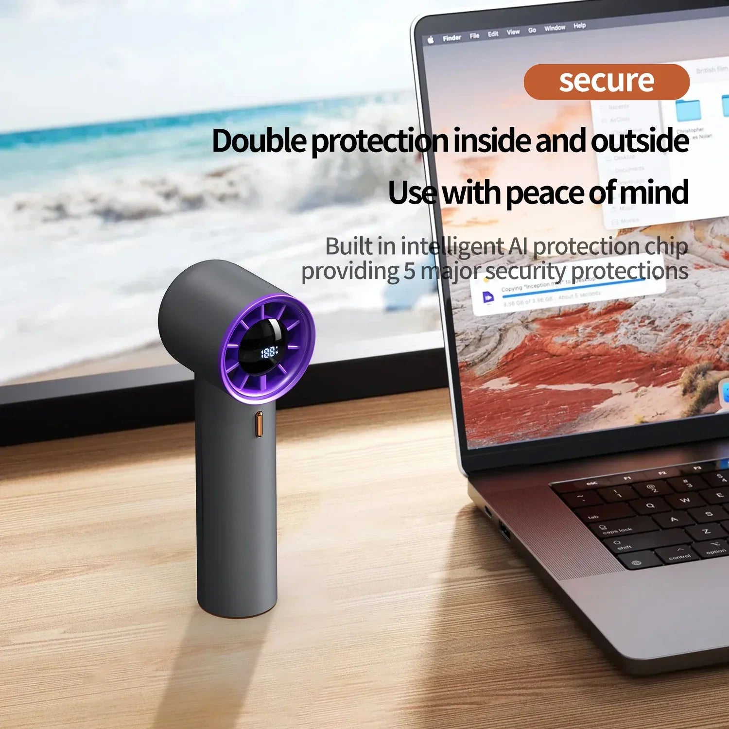 100-Speed Handheld Fan - 2000mAh USB Rechargeable Mini Fan w/ Digital Display, Portable Cooling for Outdoor, Office & Travel