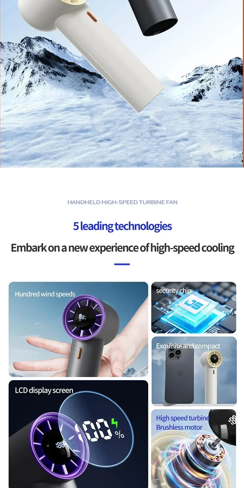 100-Speed Handheld Fan - 2000mAh USB Rechargeable Mini Fan w/ Digital Display, Portable Cooling for Outdoor, Office & Travel