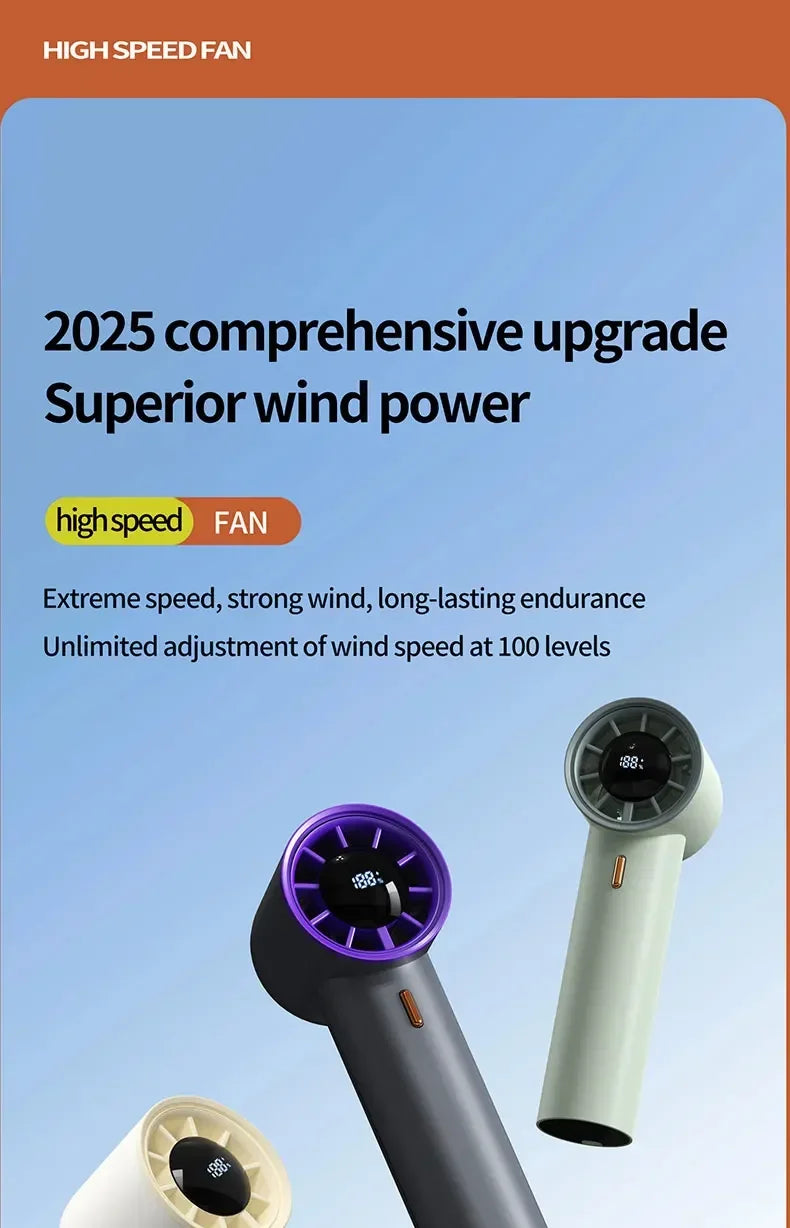 100-Speed Handheld Fan - 2000mAh USB Rechargeable Mini Fan w/ Digital Display, Portable Cooling for Outdoor, Office & Travel